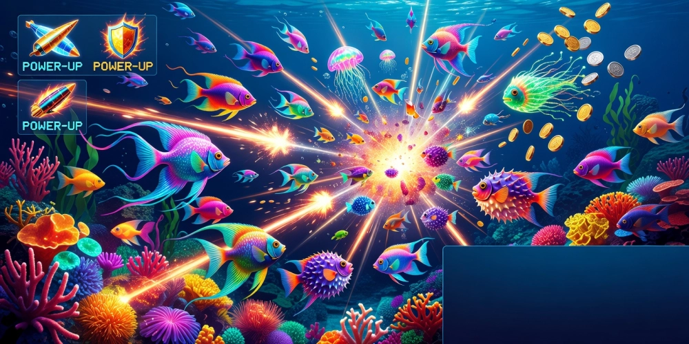 Hình ảnh gameplay Bắn Cá Siêu Cấp với hiệu ứng nổ tung cá đầy kịch tính.