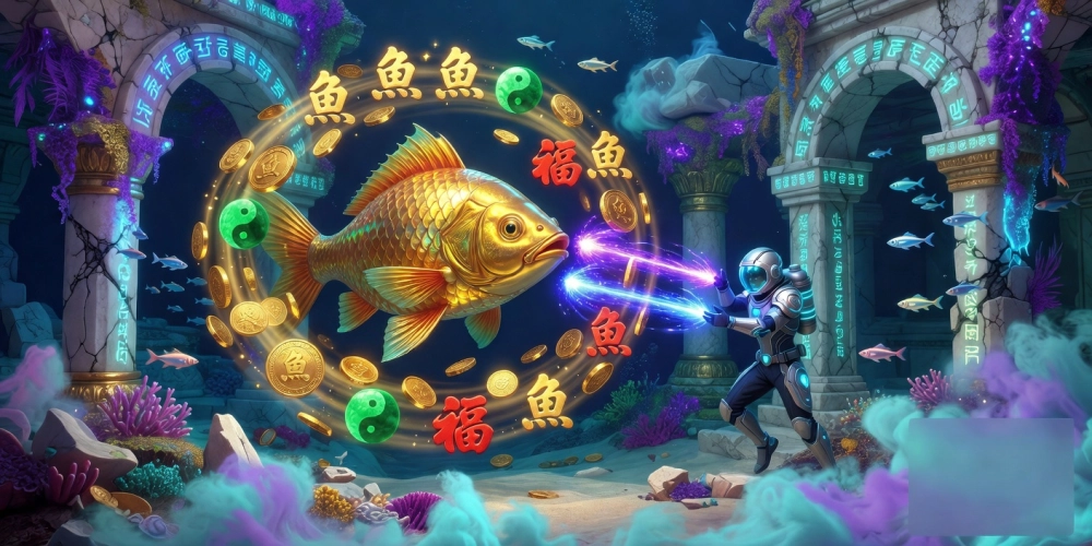 Giao diện trò chơi bắn cá thần tài với hiệu ứng ánh sáng lấp lánh và phần thưởng vàng óng