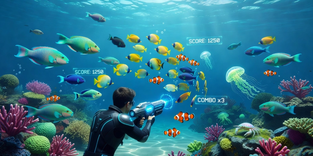 Hình minh họa gameplay game bắn cá nh88 với cá đa sắc màu và súng bắn.
