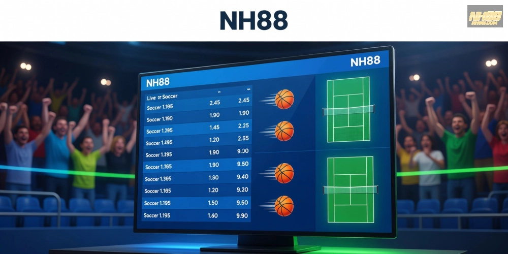 Minh họa khái niệm cá cược thể thao nh88 với giao diện nền tảng hiện đại và các môn thể thao phổ biến