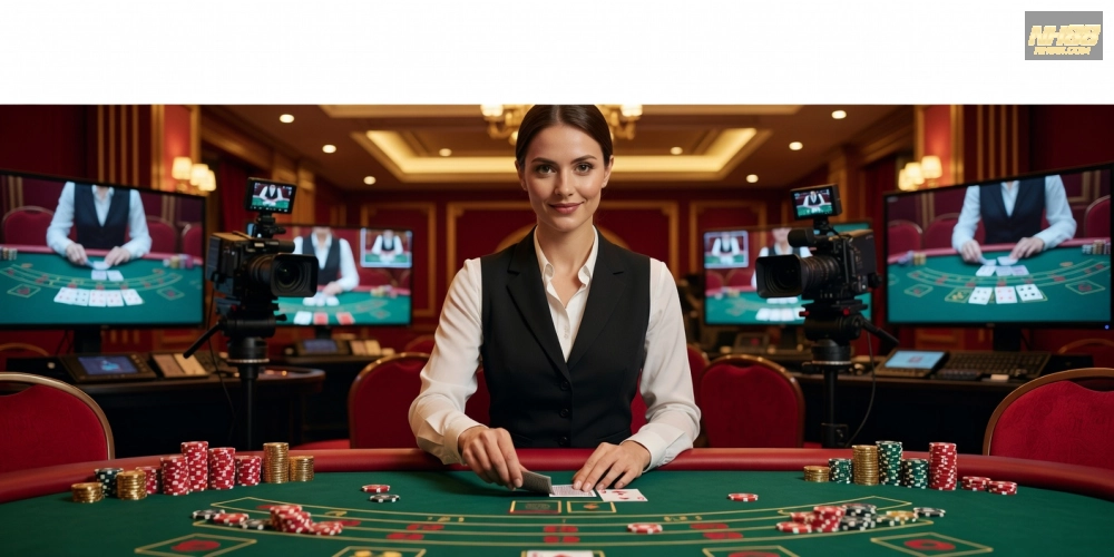 Minh họa khái niệm baccarat live casino nh88 với dealer chuyên nghiệp và bàn chơi hiện đại
