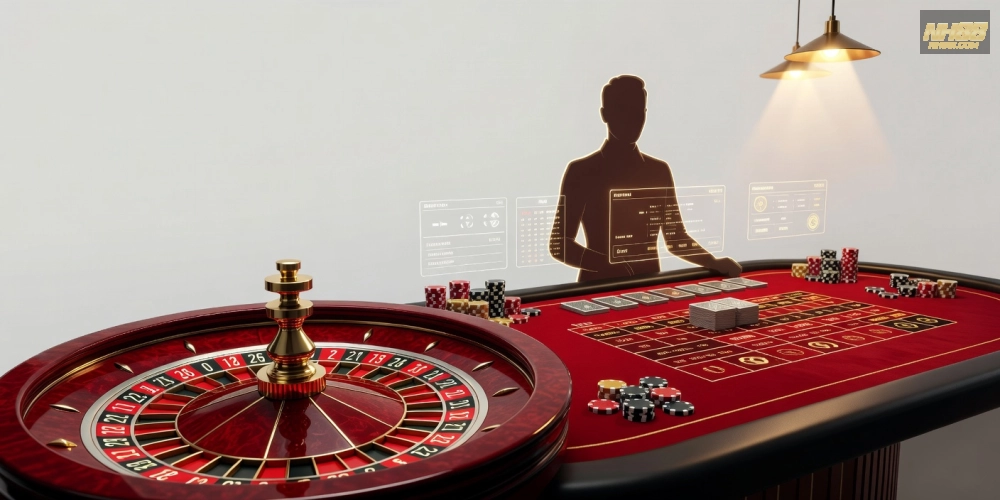 Hình minh họa khái niệm live casino nh88 với dealer chuyên nghiệp và bàn chơi hiện đại