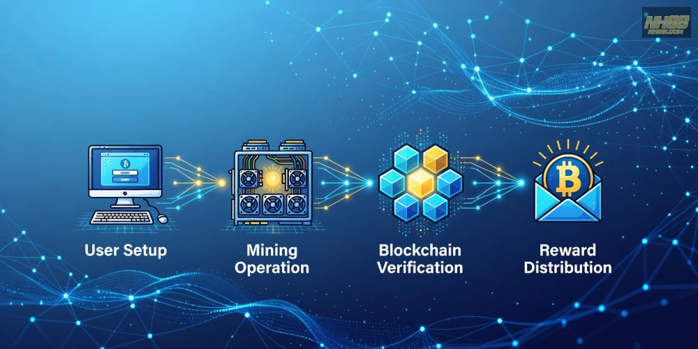 Minh họa khái niệm hướng dẫn đào Bitcoin trên nền tảng NH88 với các bước cơ bản và lợi ích rõ ràng